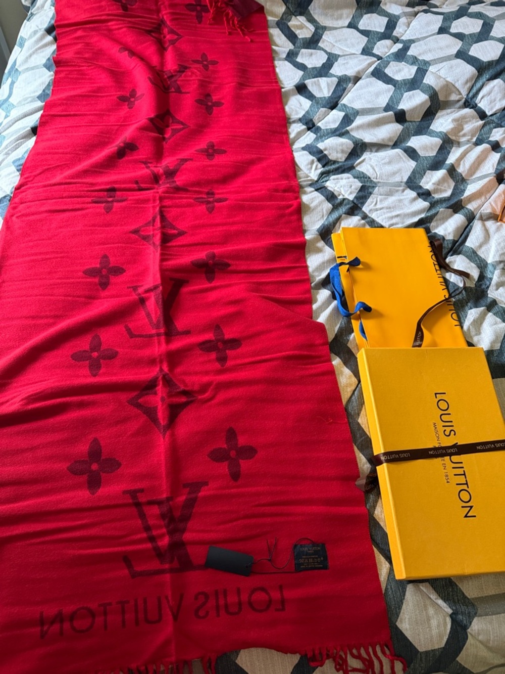 Louis Vuitton Red and Dark Red Monogram Shawl with ribbon box amd bag